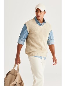 AC&Co / Altınyıldız Classics Men's Beige Standard Fit Normal Cut V Neck Knitwear Sweater.