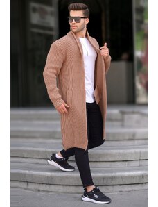 Madmext Camel High Neck Pocket Long Knitwear Cardigan 6816