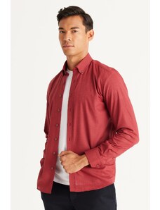 AC&Co / Altınyıldız Classics Men's Burgundy Tailored Slim Fit Slim Fit Buttoned Collar Linen Look 100% Cotton Flamed Shirt