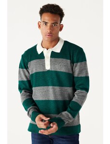 AC&Co / Altınyıldız Classics Men's Green-gray Standard Fit Regular Fit Polo Neck Striped Raised Soft Textured Knitwear Sweater