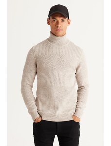 AC&Co / Altınyıldız Classics Men's Beige Melange Standard Fit Regular Fit Full Turtleneck Cotton Jacquard Knitwear Sweater