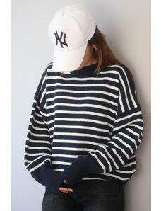 Madmext Mad Girls Navy Blue Striped Sweater