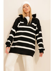 Trend Alaçatı Stili Dámské černé pruhované pletené oblečení na zip zimní svetr