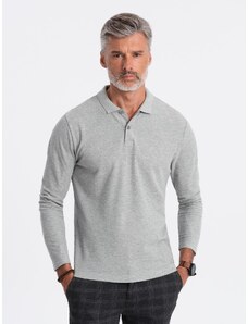 Ombre Clothing Pánské tričko s dlouhým rukávem a polo límcem - šedý melír V4 OM-POBL-0114