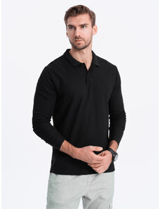 Ombre Clothing Pánské tričko s dlouhým rukávem a polo límcem - černé V2 OM-POBL-0114