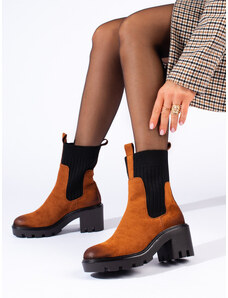 Exkluzívní kotníčkové boty dámské hnědé na širokém podpatku