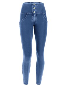 Freddy kalhoty WR.UP v džínově světle modré, modrý šev, vysoký pas na knoflíčky, superskinny střih, 7/8 délka, denim žerzej
