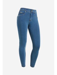 N.O.W. Freddy kalhoty v džínově světle modré barvě, zlatý šev, střední pas, denim žerzej