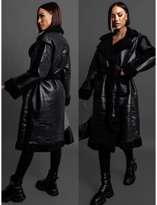 Erikafashion Černý koženkový kabát MONTANA s černým kožíškem