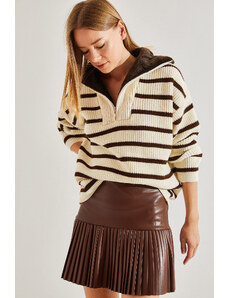 Bianco Lucci Women's Neck Shearling Fur Striped Zipper Knitwear Sweater