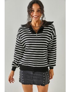 Olalook Dámský černý zip s vysokým výstřihem oversize pletený svetr