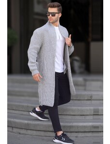 Madmext Gray High Neck Pocket Long Knitwear Cardigan 6816