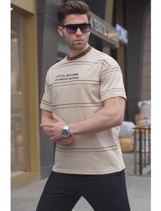 Madmext Crew Neck Beige Striped Comfort Fit Men's T-Shirt 6063