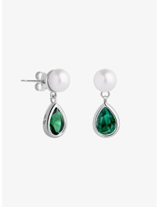 Stříbrné náušnice Pure Pearl s říční perlou a kubickou zirkonií Preciosa, emerald