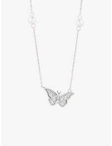 Stříbrný náhrdelník Metamorph, motýl s kubickou zirkonií a říční perlou Preciosa