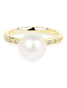 Danfil Zlatý dámský prsten DF 2659 ze žlutého zlata, sladkovodní perla s diamanty 46