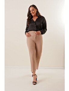 By Saygı Large Size Lycra Plus Size Trousers Mink with Elastic Waist and Pocket.