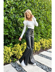 Trend Alaçatı Stili Dámské černé kalhoty z umělé kůže s vysokým pasem s rozparkem