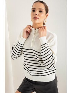 Lafaba Women's White Zippered Long Sleeve Knitwear Sweater