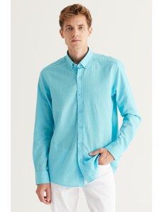 AC&Co / Altınyıldız Classics Men's Turquoise Tailored Slim Fit Button-Up Collar Linen Look 100% Cotton Flared Shirt
