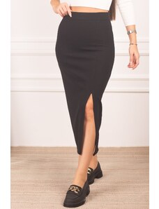 armonika Women's Black Front Slit Elastic Waist Knee-length Pencil Skirt