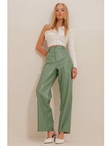 Trend Alaçatı Stili Dámské zelené kožené kalhoty Palazzo s dvojitou kapsou