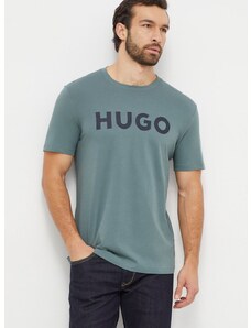 Bavlněné tričko HUGO zelená barva, s potiskem
