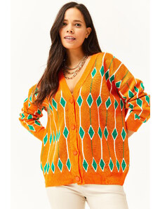 Olalook Dámský oranžový diamantový vzor Oversize pletený svetr
