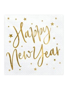 PARTYDECO Ubrousky Happy New Year 33 x 33 cm - bílo-zlaté