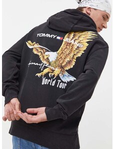 Bavlněná mikina Tommy Jeans pánská, šedá barva, s kapucí, s potiskem