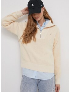 Bavlněný svetr Tommy Hilfiger béžová barva, hřejivý, s golfem