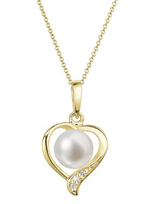 EVOLUTION GROUP Zlatý 14 karátový náhrdelník srdce s bílou říční perlou a brilianty 92PB00049