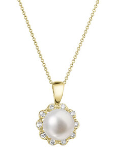 EVOLUTION GROUP Zlatý 14 karátový náhrdelník kytička s bílou říční perlou a brilianty 92PB00036