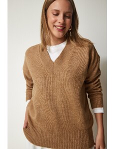 Happiness İstanbul Dámský sušenkový oversize pletený svetr s výstřihem do V