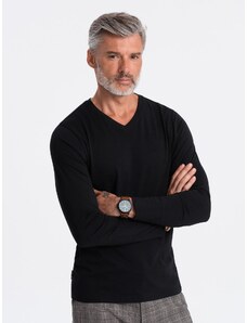 Ombre Clothing Pánské tričko s dlouhým rukávem bez potisku a výstřihem do V - černé V6 OM-LSBL-0108