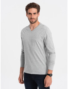 Ombre Clothing Pánské tričko s dlouhým rukávem a výstřihem do V bez potisku - šedý melír V7 OM-LSBL-0108