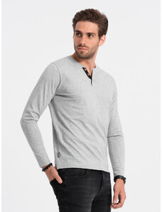 Ombre Clothing Pánské tričko s dlouhým rukávem a knoflíky u výstřihu - šedý melír V8 OM-LSCL-0107