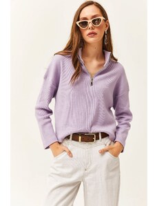 Olalook Dámský lila zip s vysokým výstřihem zvýšený svetr