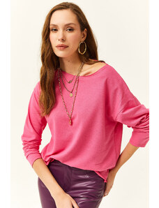 Olalook Women's Fuchsia Dirty Collar Printed Soft Textured Thin Sweatshirt