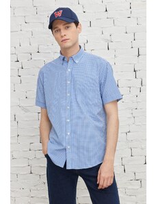 AC&Co / Altınyıldız Classics Men's Blue-white Comfort Fit Comfy Cut Buttoned Collar Cotton Gingham Short Sleeve Shirt.