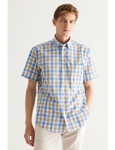 AC&Co / Altınyıldız Classics Men's White-mink Comfort Fit Comfy Cut. Concealed Button Collar Checkered Cotton Short Sleeve Shirt.