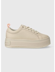 Kožené sneakers boty Calvin Klein Jeans BOLD FLATF LOW LACEUP LTH IN LUM béžová barva, YW0YW01309