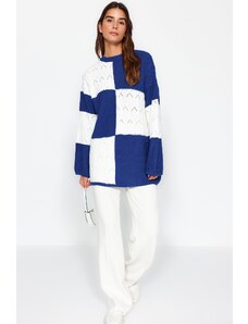 Trendyol modrý prolamovaný/perforovaný barevný blok pletený pletený svetr