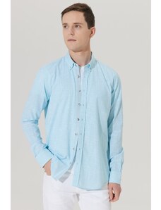 ALTINYILDIZ CLASSICS Men's Turquoise Slim Fit Slim Fit Buttoned Collar Linen-Looking 100% Cotton Flared Shirt.