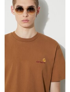 Bavlněné tričko Carhartt WIP S/S American Script T-Shirt hnědá barva, s aplikací, I029956.HZXX