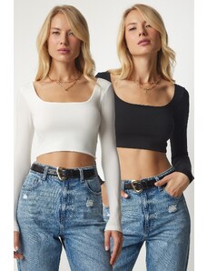 Happiness İstanbul Women's Black and White Boat Collar 2-Pack Crop Top