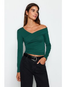 Trendyol Emerald Green Cotton Flounce Fitted Crop Blouse