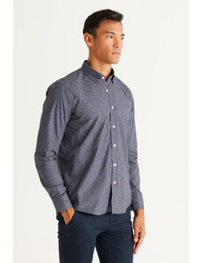 AC&Co / Altınyıldız Classics Men's Navy-Brown Slim Fit Slim Fit Slim Fit Hidden Button Collar Patterned Shirt