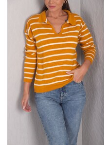 armonika Women's Mustard Striped Polo Neck Knitwear Sweater