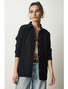 Happiness İstanbul Women's Black Ribbed Velvet Woven Jacket Shirt